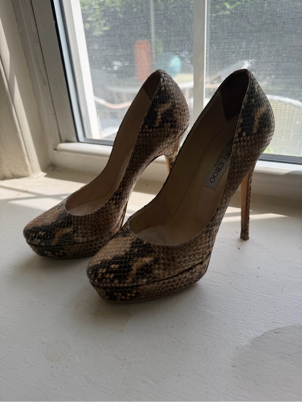 Jimmy Choo Brown Snake-Print Platform Stilettos